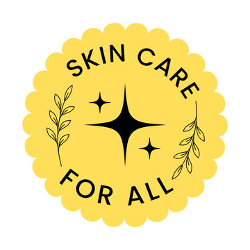 Yellow Scalloped Circle Badge Template Featuring Botanical Foliage and Black Sparkle Symbols for Organic Cosmetics