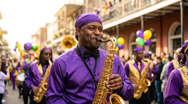 Festive Mardi Gras street parade featuring a brass band with musicians in purple playing saxophones.