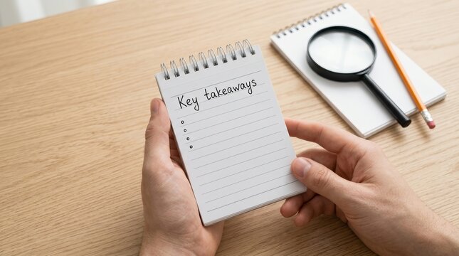 Top view of hands presenting a note with key takeaways written on white paper.