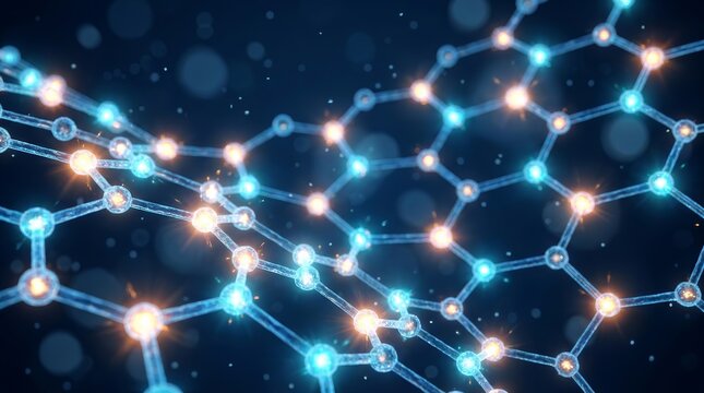 Scientific technology background with an abstract blue graphene molecular structure and glowing light.