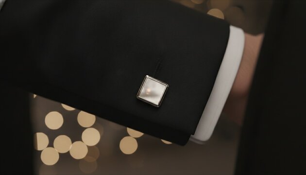 Close up of a silver square cufflink on a black tuxedo sleeve with white shirt cuff against a bokeh background of warm lights, concept of elegance and formal celebration