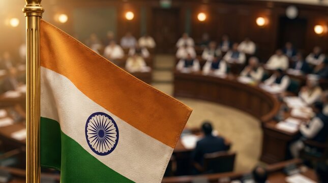 A close-up of the Indian flag inside a large, crowded parliamentary chamber.