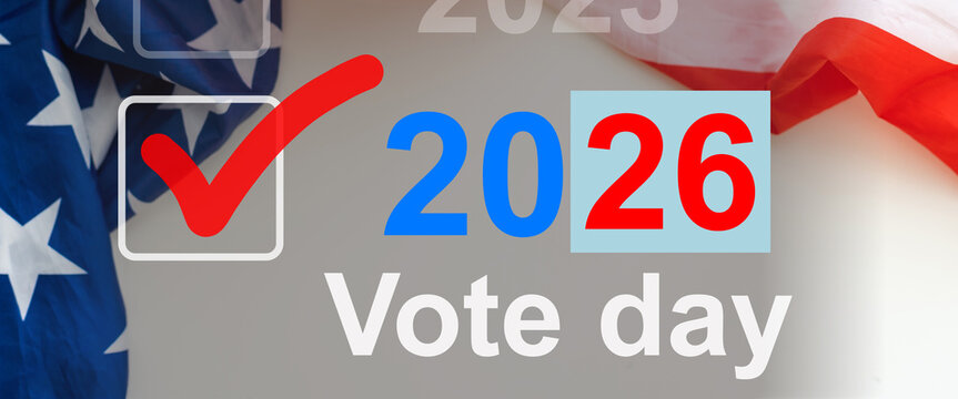 Democracy, presidential election 2026 and voting poll concept with red, white and blue vote glossy button pin with stars and stripes