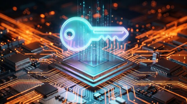 Futuristic microchip with a glowing digital key and binary data streams for cybersecurity.