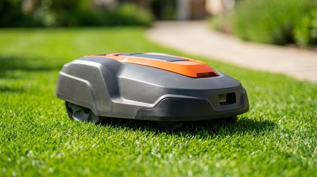 High-tech robotic lawn mower performing garden maintenance on a green lawn.