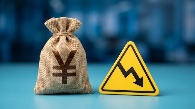 Economic downturn and falling investment concept featuring a Yuan money bag and warning sign.
