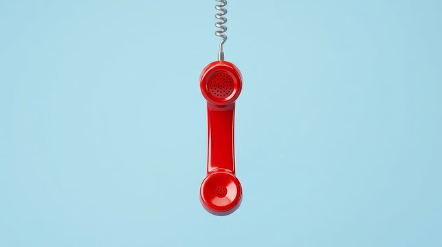 Retro red telephone handset hanging from a cord with space for text.