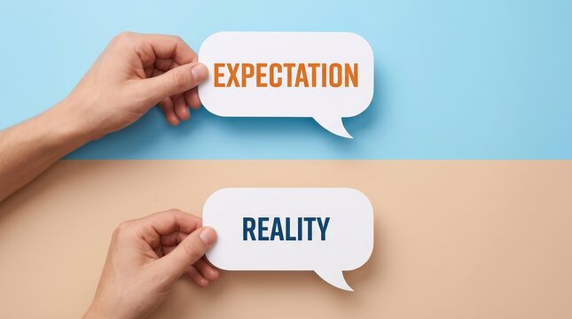 Visual metaphor of expectation and reality shown through two different colored speech bubble cutouts.