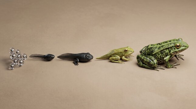 Frog life cycle stages from eggs to adult frog on neutral background