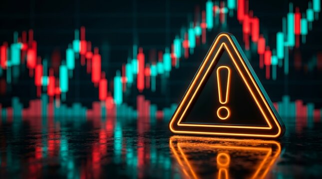 Volatile stock market charts in the background of an urgent orange exclamation mark warning sign representing financial risk.