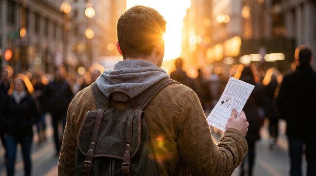 Male volunteer distributing printed literature to people walking through a sunlight-filled city street.