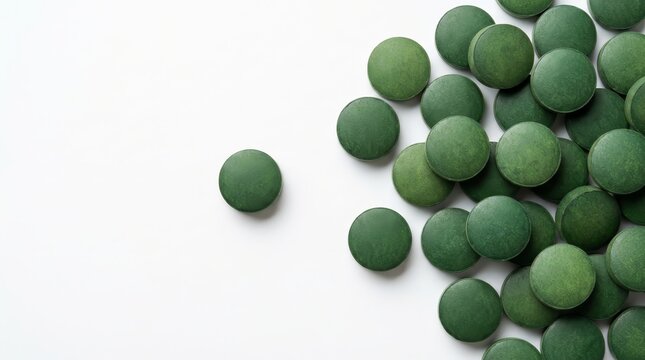 A collection of green chlorella and spirulina food supplement tablets on white background.