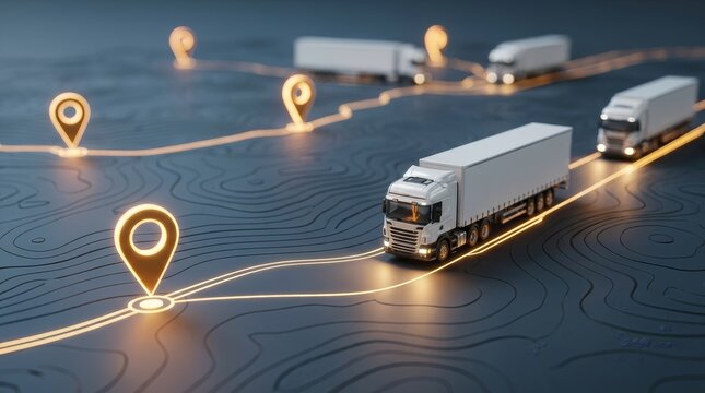 A mapped route network with delivery trucks for supply chain coordination and logistics planning.