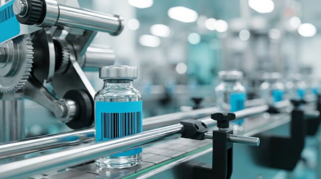 An automated labeling concept featuring small glass bottles in a commercial manufacturing plant.