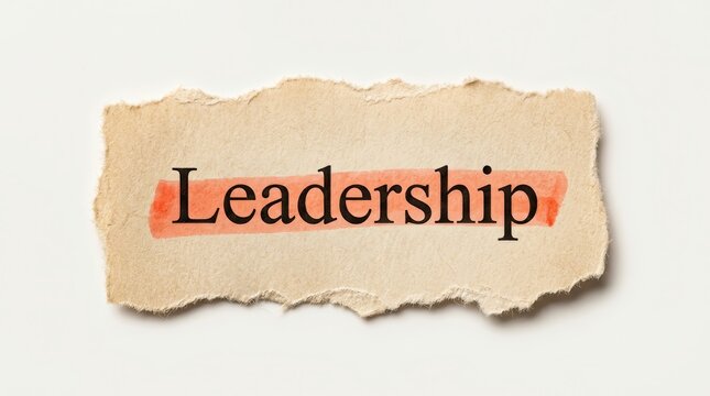 A piece of torn paper ephemera featuring the leadership definition with red marker highlight.