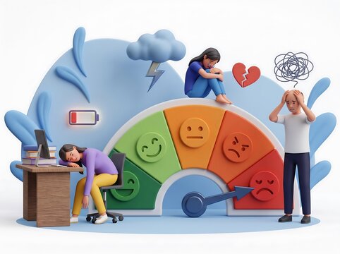 3D illustration of people experiencing burnout, stress and depression with emotional meter gauge showing negative mood.