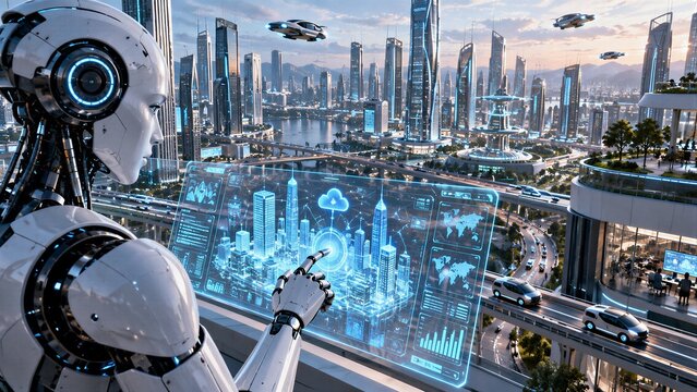 Futuristic Smart City with Artificial Intelligence and Digital Network Overlay, showcasing Urban Innovation, Data-driven Infrastructure, and Intelligent Systems.