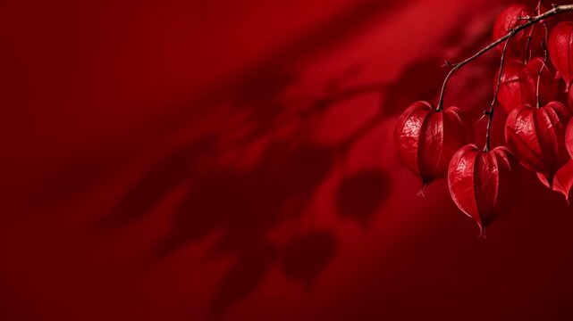 AI generated video of red Chinese lantern pods gently swaying in a subtle breeze as an eerie skull-shaped shadow moves across a monochromatic red background, with generous copy space.
