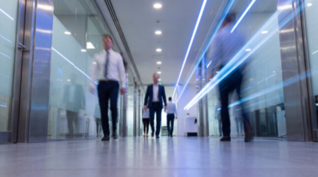 Blurred employees walk a lit office hallway, motion conveying everyday professional bustle and workplace energy