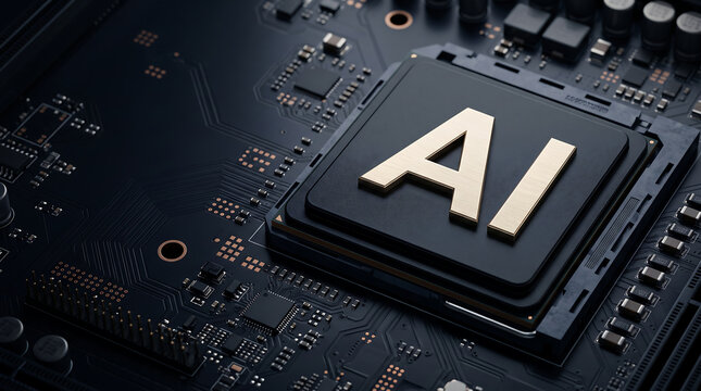 Artificial intelligence processor chip on a high tech motherboard, representing AI computing, semiconductor engineering, machine learning and digital transformation.