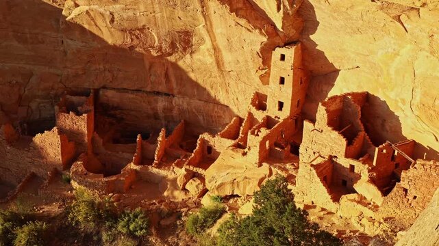 Golden sunset light illuminates the tall sandstone masonry tower and alcove rooms at Square Tower House in Mesa Verde National Park