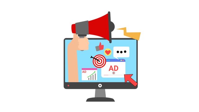 Digital marketing and targeted advertising campaign concept with megaphone and social media engagement on computer monitor