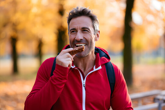 An enthusiastic man devoured an energy bar while taking a break during autumn workouts