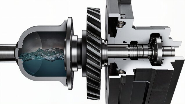Helical gear oil-bath gearbox stepper motor shaft cutaway, white background
