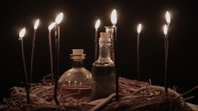 Potion vials surrounded with black magic candles and forest twigs on black background in slow motion. Flames flickering on the wicks. Halloween witchcraft alchemy and spiritual healing occultism.