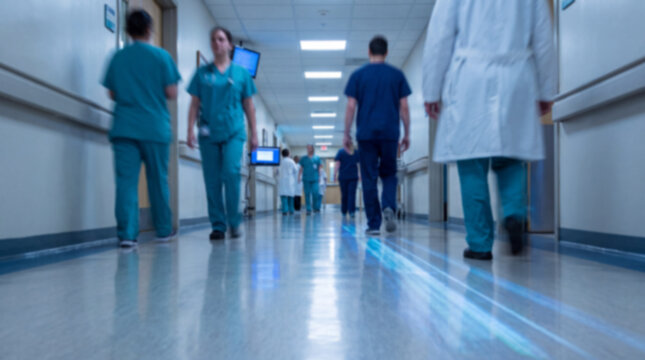 Motion-blurred hospital hallway with doctors and nurses in teal uniforms and lab coats walking amid fluorescent lights and glossy floor