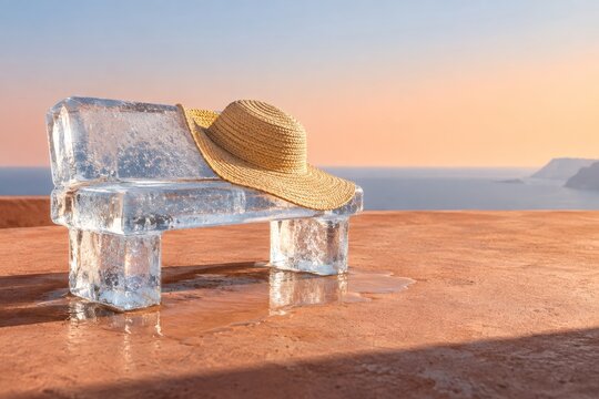 Melting Ice Bench with Sun Hat in Summer Heat