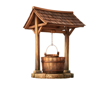 Rustic wooden well with rope bucket and shingled roof