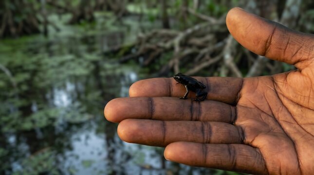 Tiny black frog perched on a human hand in a tropical swamp environment