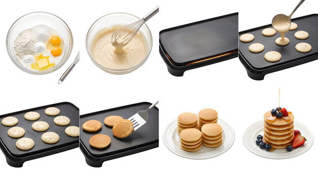 Pancake cooking process step by step, mixing batter in glass bowl, frying mini pancakes on electric griddle, breakfast food preparation