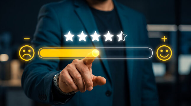 Customer rating concept with businessman touching a five-star feedback bar, representing user experience, client satisfaction, online reviews, service evaluation, and digital feedback.
