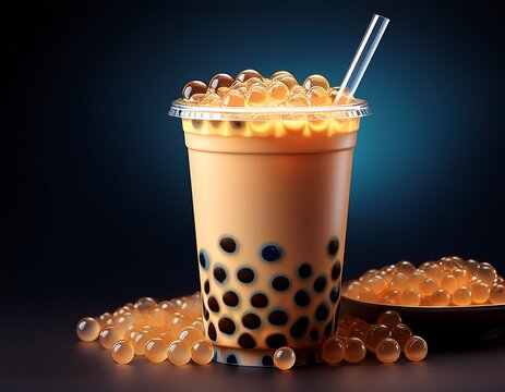 bubble tea with tapioka pearls on a dark background with copy space ai generated content