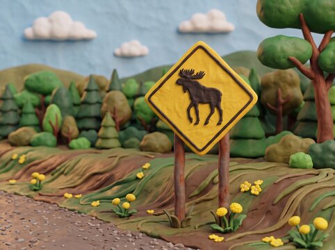 Clay illustration of a yellow moose crossing warning sign beside a forest road
