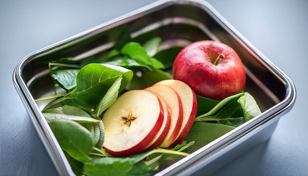 steel lunch box contains fresh green leaves red apple slices healthy organic meal packed in metal container for office work school lunch raw vegetarian food preparation for balanced diet