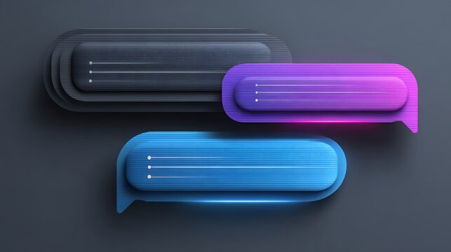 Modern 3D pill shaped chat boxes in grey purple and blue colors, futuristic sleek messaging interface and communication concept