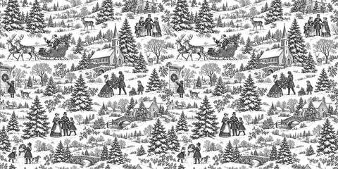 Fototapeta premium Seamless vector pattern with traditional European Christmas scenes. Vintage engraving or ink drawing style vector illustration.