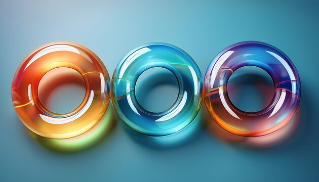 translucent colorful inflatable rings linked in a row on pale blue background