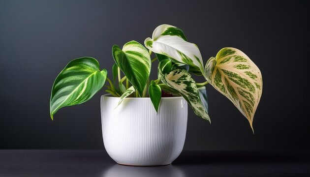 green and white variegated pothos plant with healthy leaves and one dried leaf in a white ceramic pot on a dark surface