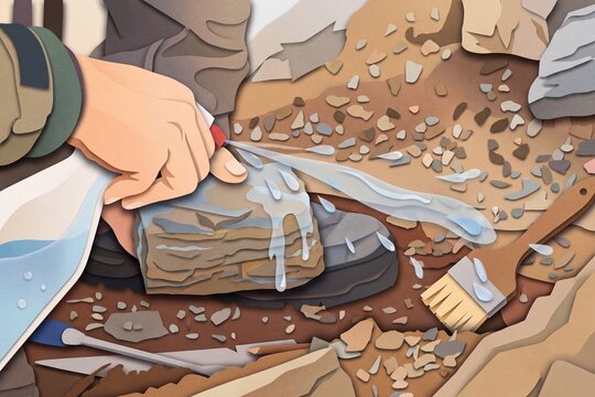 Paper cut illustration of an archaeologist spraying water onto a stone sample during a field excavation