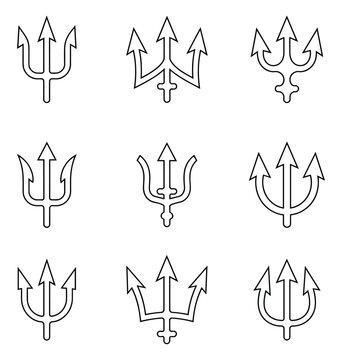 Collection of Trident Symbols. This image displays a grid of nine distinct trident symbols, rendered in a clean, linear, outline style.