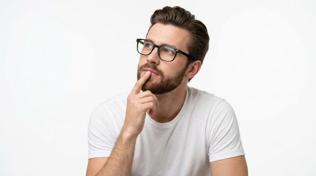 Doubtful male model touches his chin while pondering a question.