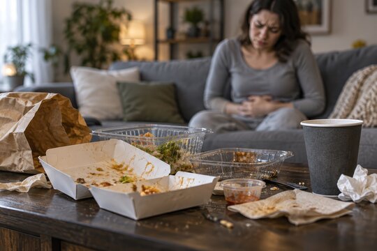 Unhappy woman clutching her abdomen due to indigestion and bloating from fast food.