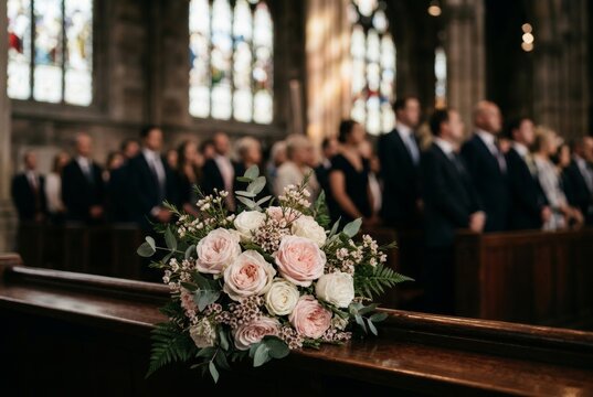 Mourners pay their last respects during a farewell memorial service in a bright church setting.
