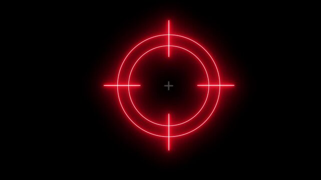 Glowing neon light target icon animation on black background, neon light target icon animation. Military training, Military target icon animation. Glowing radar precision animation loop background.