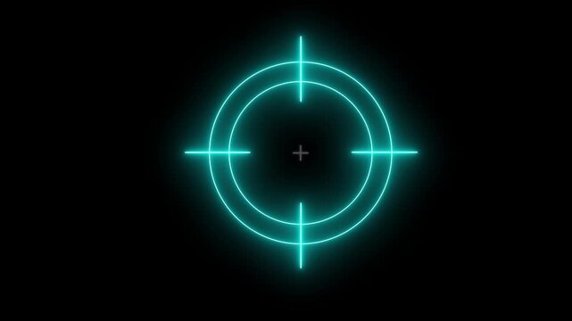 Glowing neon light target icon animation on black background, neon light target icon animation. Military training, Military target icon animation. Glowing radar precision animation loop background.