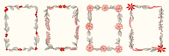 Naklejka premium Christmas Floral Frame Set Hand Drawn